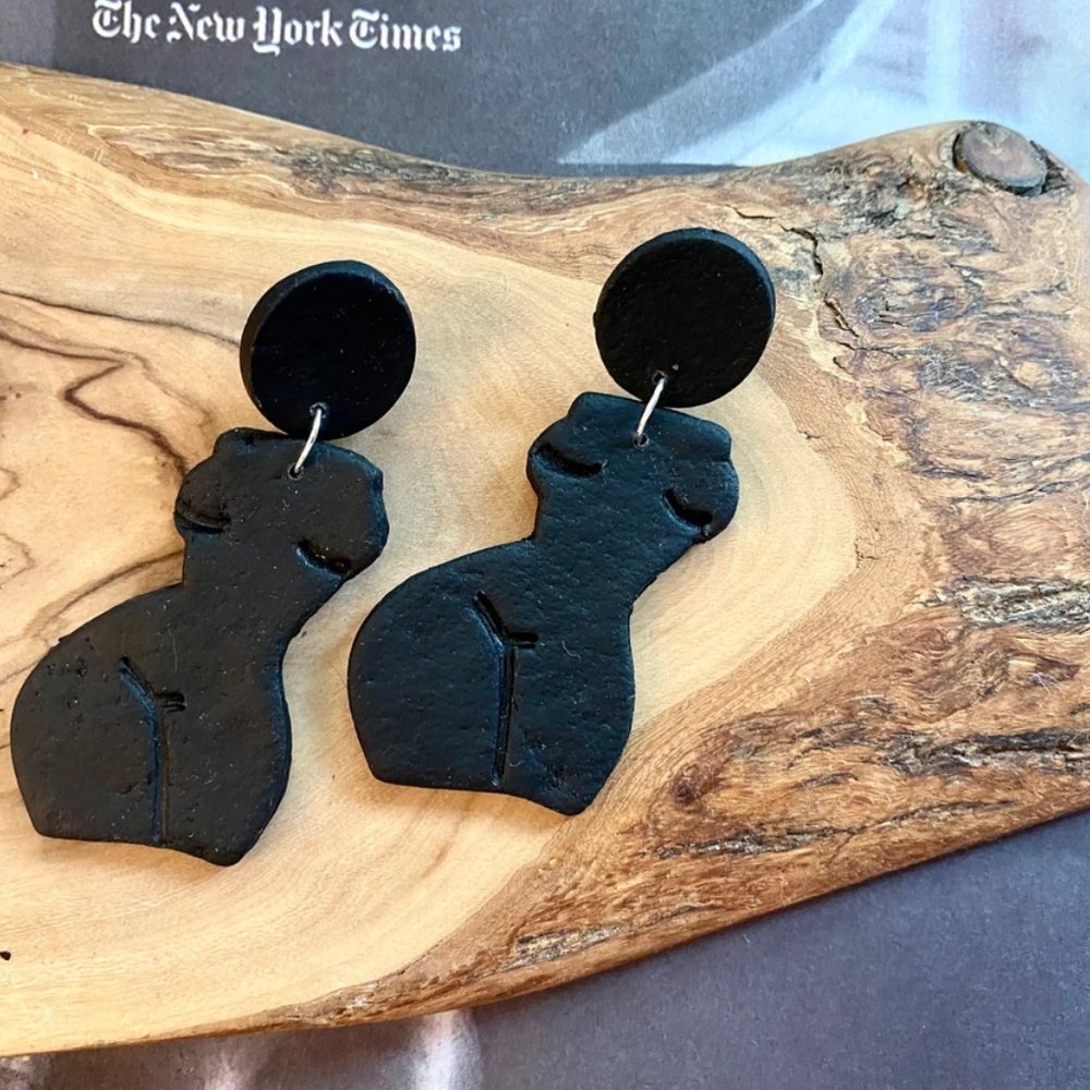 Handmade Clay Earrings | Forms of a Woman Silhouette | Black Leather Texture